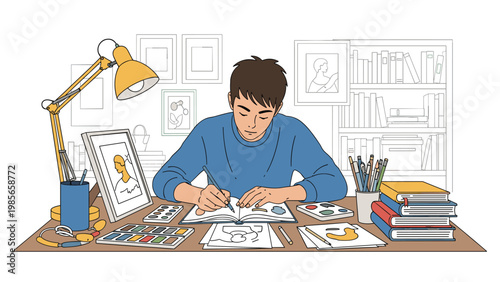 Artist sitting at a cluttered desk drawing in a sketchbook with various paints, brushes, and pens in a home art studio.