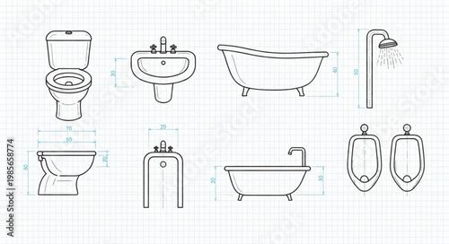 Collection of bathroom fixtures and plumbing elements.