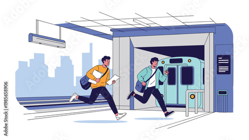 Two young men carrying bags and papers running quickly to catch a train at a modern subway or railway station platform.