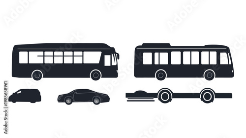Silhouetted vehicles bus, small car, sedan, and partially shown framework, all in solid color