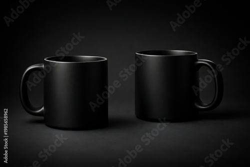 Two black ceramic coffee mugs on dark background cups