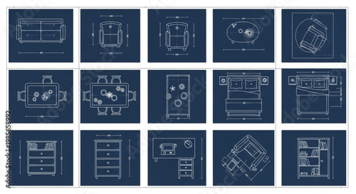 Blueprint Technical Drawings of Various Mechanical Components and Furniture.
