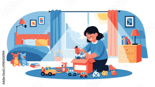 Young girl playing happily with many colorful toys on the floor of her bright and sunny bedroom in a cozy house.