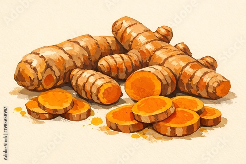 Turmeric roots and sliced turmeric on beige background slices orange brown