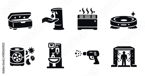 Sanitation and cleaning equipment icons including dispenser and robot