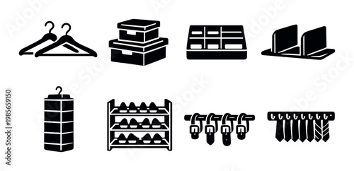 Closet accessories and storage icons including hangers and racks