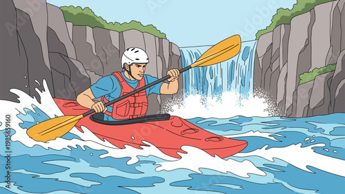 Adventurous man kayaking through white water rapids in a canyon with a powerful waterfall in the scenic background.