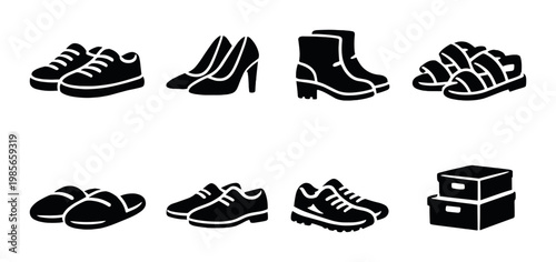 Various shoe types arranged in rows with storage boxes