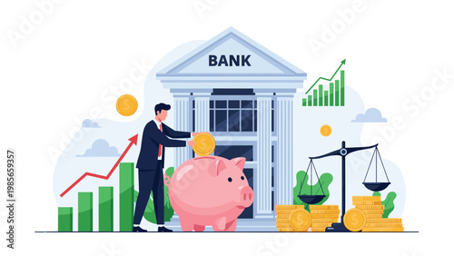 Successful businessman putting gold coin into large piggy bank in front of a bank building symbolizing financial growth and savings management.