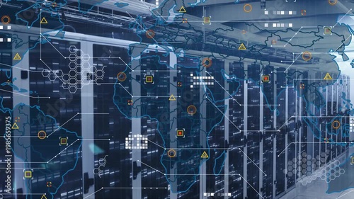 Vertical video: Camera gliding data center racks, sparking map HUD overlay showing flow