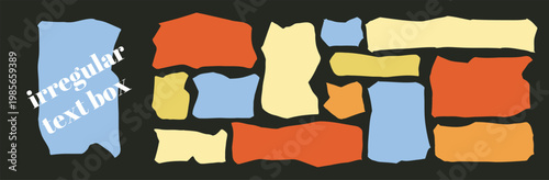 Jagged shapes, funky ripped paper set. Silhouettes torn rectangle frames with jagged edges, and textured grunge elements.