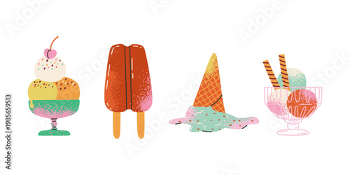 Set of flat hand drawn variation ice cream. Sweet icecream, cold milk snack for kids. Ball of sorbet, gelato, juice. Frozen summer dessert.