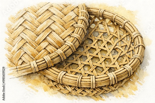 Two woven straw baskets on white background natural fiber