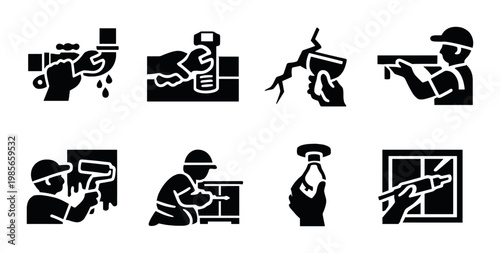 Home repair and maintenance icons displayed on dark background