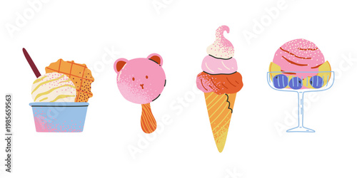 Set of colorful hand drawn variation ice cream. Sweet icecream, cold milk snack for kids. Ball of sorbet, gelato, juice. Frozen summer dessert.