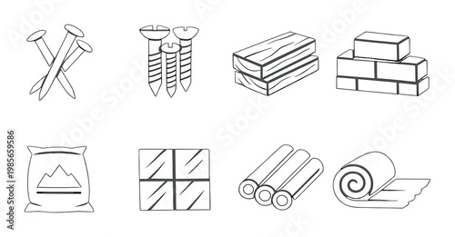 Construction materials icons arranged on dark gradient background