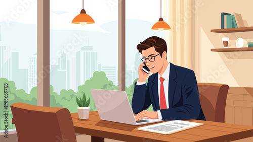 Professional businessman working on his laptop while talking on a smartphone in a modern home office with a city view through the large window.