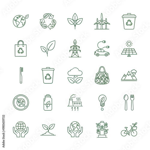Collection of eco-friendly and sustainable living icons representing nature, recycling, and green energy solutions