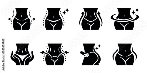 Waist and body contour icons showing slimming actions on dark panel