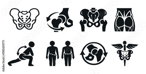 Pelvic and hip medical icons arranged on dark panel