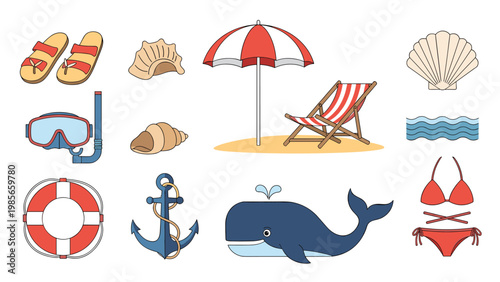 Comprehensive set of beach vacation and summer holiday icons featuring snorkeling gear, flip flops, anchor, whale, beach chair, and umbrella.