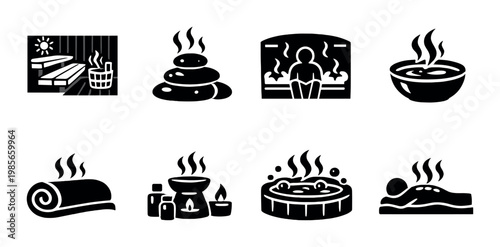 Spa and sauna icons showing wellness activities on dark background