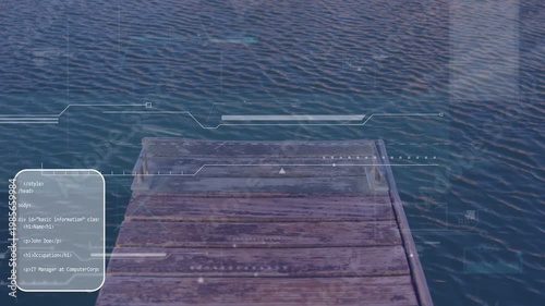 HUD activating, wooden dock staying centered over calm water, code panels sliding, aligning for web