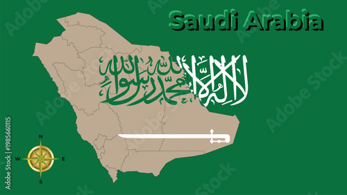 Detailed map of Saudi Arabia with province borders on national flag background.