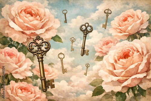 Vintage keys floating among pink roses and clouds