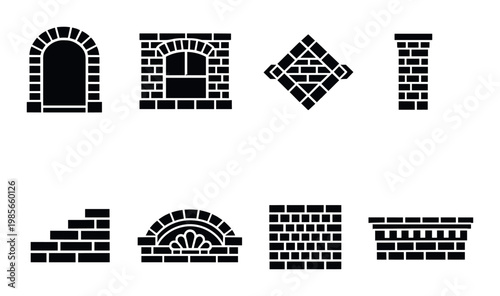 Brick architectural feature icons with arches on gray background