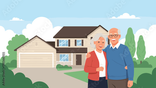 Happy elderly couple standing together in front of their beautiful two-story suburban house with a garden and blue sky on a sunny day.