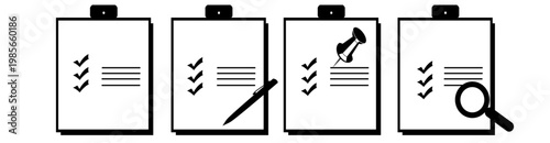 Banner Clipboard icon. Checklist with gear, checkmarks, magnifier and pencil. Quality check line sign. Vector graphic design