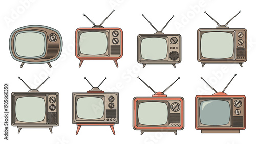 Set of various vintage television sets in different styles and colors reflecting the evolution of home entertainment over several decades.