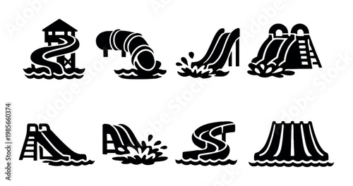 Waterpark slide and splash icons arranged on dark background