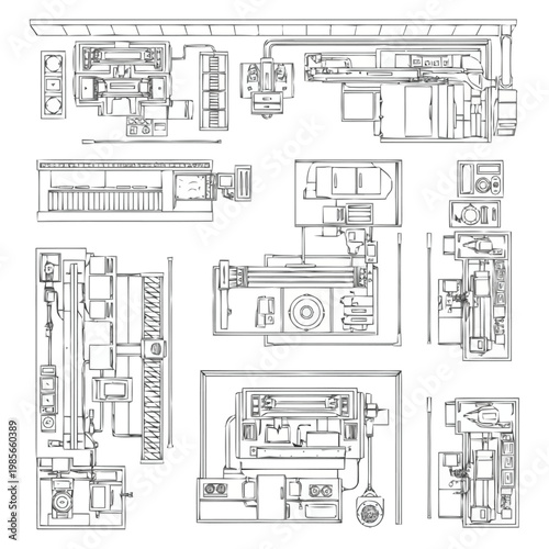 Top view blueprint schematic of a woodworking shop layout showing various machinery and tools organized for efficient production flow and operational workflow representing industrial design and