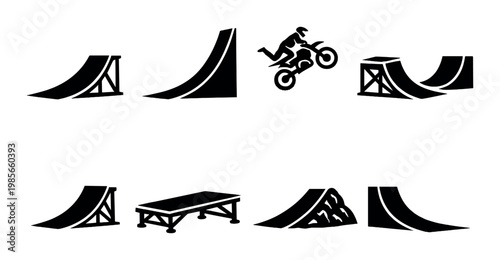 Set of eight stunt ramps and motorcycle jump icons on dark background