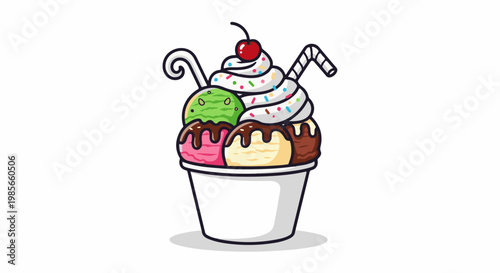 A colorful ice cream sundae in a white cup with cherry, whipped cream, and sprinkles