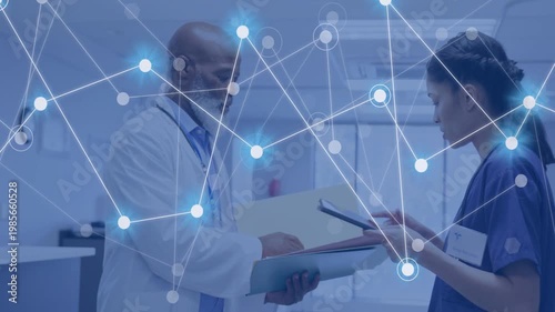 Vertical video: Doctor writing, nurse viewing tablet, handoff spurring medical network for review