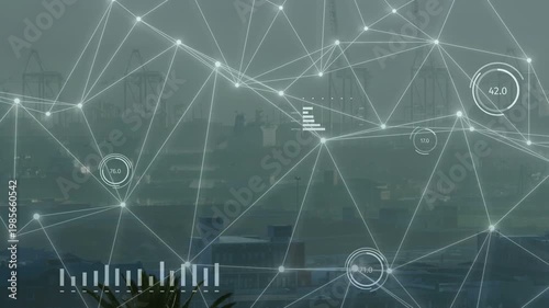 Vertical video: Data feed starting, mesh animating over foggy port, gauges updating for monitoring