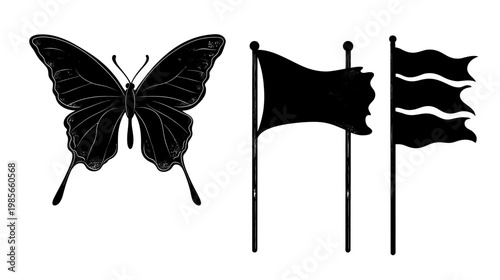 Black butterfly and flags with weathered textures on white background. Illustration style