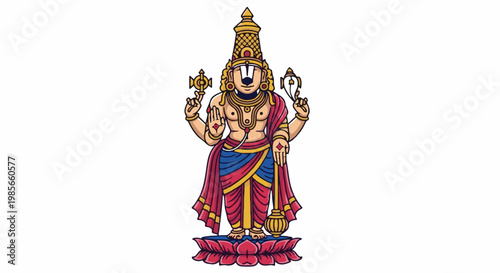 A colorful illustration of a deity standing on a lotus