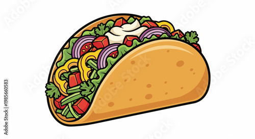 A colorful illustration of a loaded taco with fresh ingredients