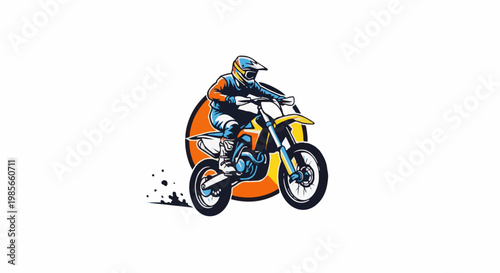 A colorful illustration of a person on a dirt bike, kicking up dust