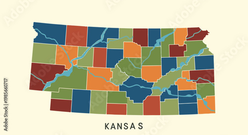 A colorful map of Kansas divided into counties, with rivers shown in blue