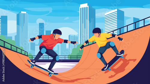 Two young boys riding skateboards on an orange halfpipe ramp in a modern city skate park under a bright blue sky with skyscrapers.