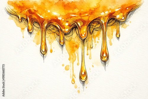 Watercolor honey drips on white background painting yellow