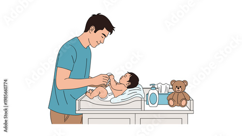 Loving father changing his babys diaper on a changing table in a nursery room with a teddy bear and hygiene products.