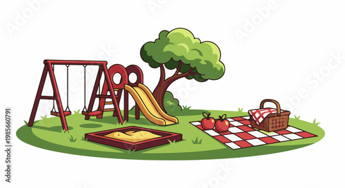 A colorful playground scene with a slide, swings, sandbox, and picnic setup