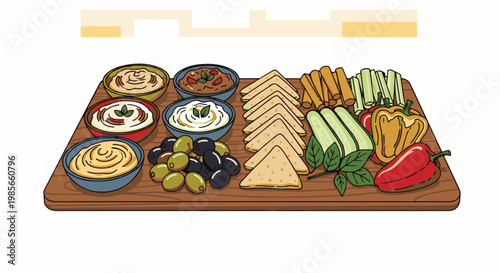 A colorful platter with dips, olives, pita, and fresh vegetables