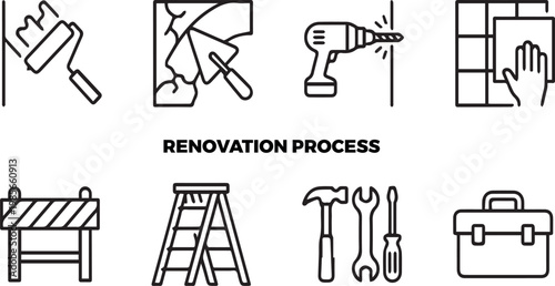 Home renovation process icon set, construction tools and remodeling symbols, 8 black line vector icons for house repair and maintenance